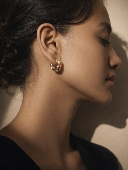 Sculptural CZ Studded Gold Hoop Earrings | Anti Tarnish Everyday Hoops