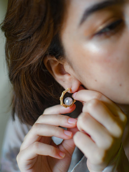 18K Gold Hexagon Pearl Hoops – Anti-Tarnish, Water Resistant
