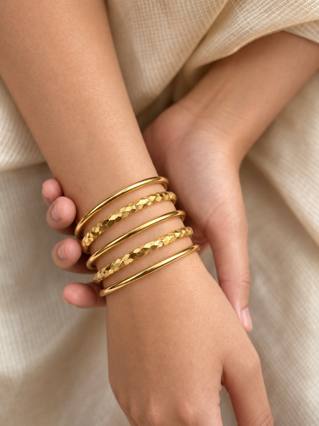 18K Gold Plated Hammered Stackable Bangle Set for Women