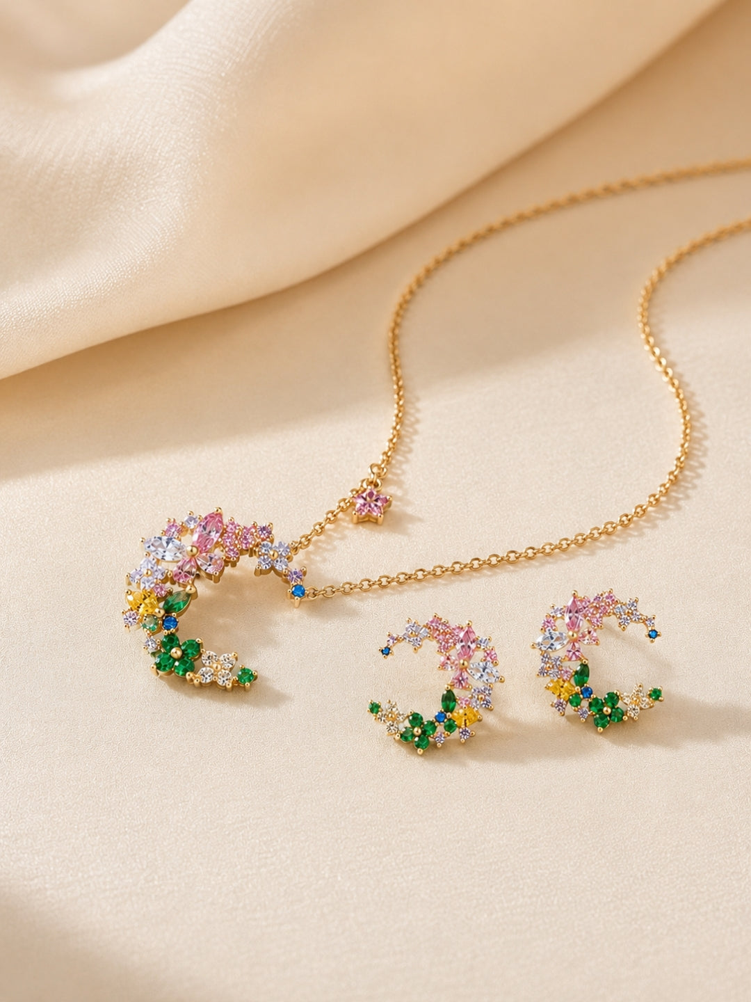 Bosco Multicolor Floral Cluster Necklace & Earring Set, 18K Gold-Plated