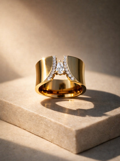Broad Marquise CZ Gold Ring – Anti Tarnish Waterproof Statement Ring