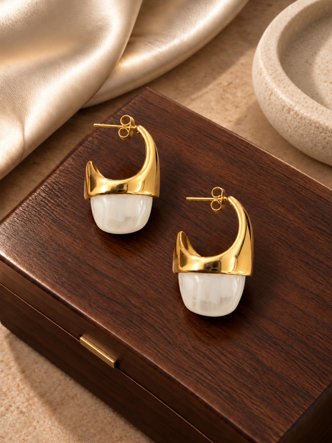 Beige Drop Hoop Earrings, view 4
