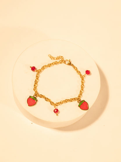 Strawberry Charm Bracelet – Gold Plated Stainless Steel, Enamel & Beads, Adjustable
