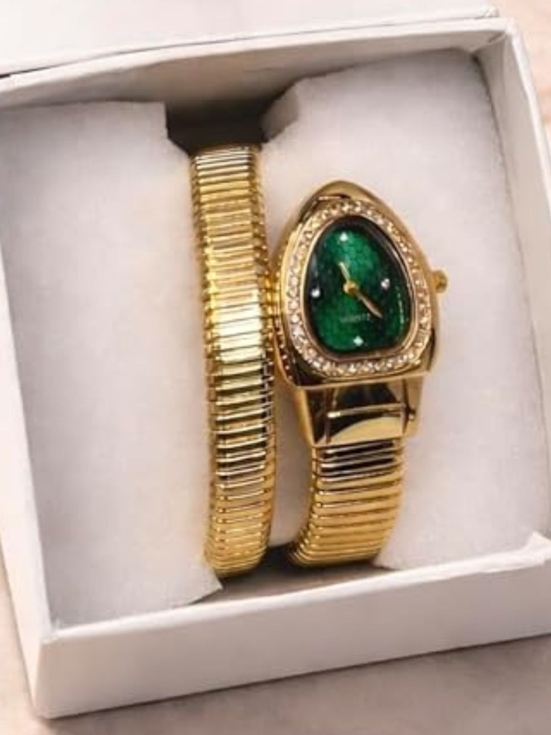 Emerald Dial Spiral Serpenti Gold Watch-Style Bracelet with CZ Stones