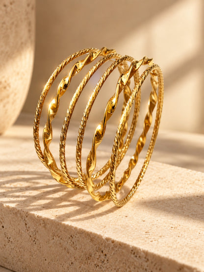 18K Gold Plated Twisted & Textured Stackable Bangles for Women