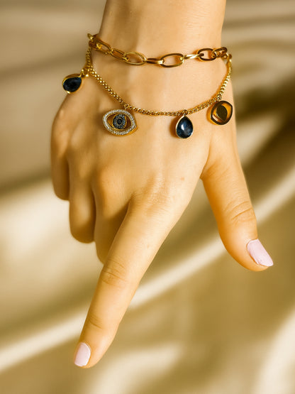 Evil Eye Charm Double layer Bracelet in 18K Gold | Adjustable, Anti-Tarnish