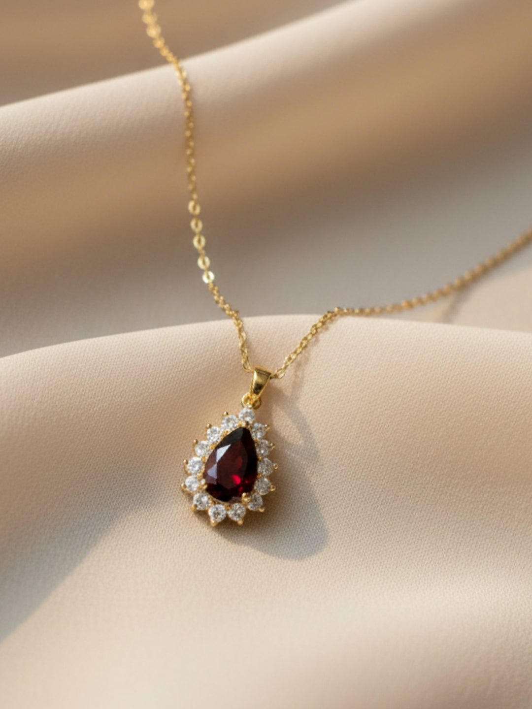 Anti-Tarnish Maroon Moissanite Pendant Necklace | 18K Gold CZ Chain