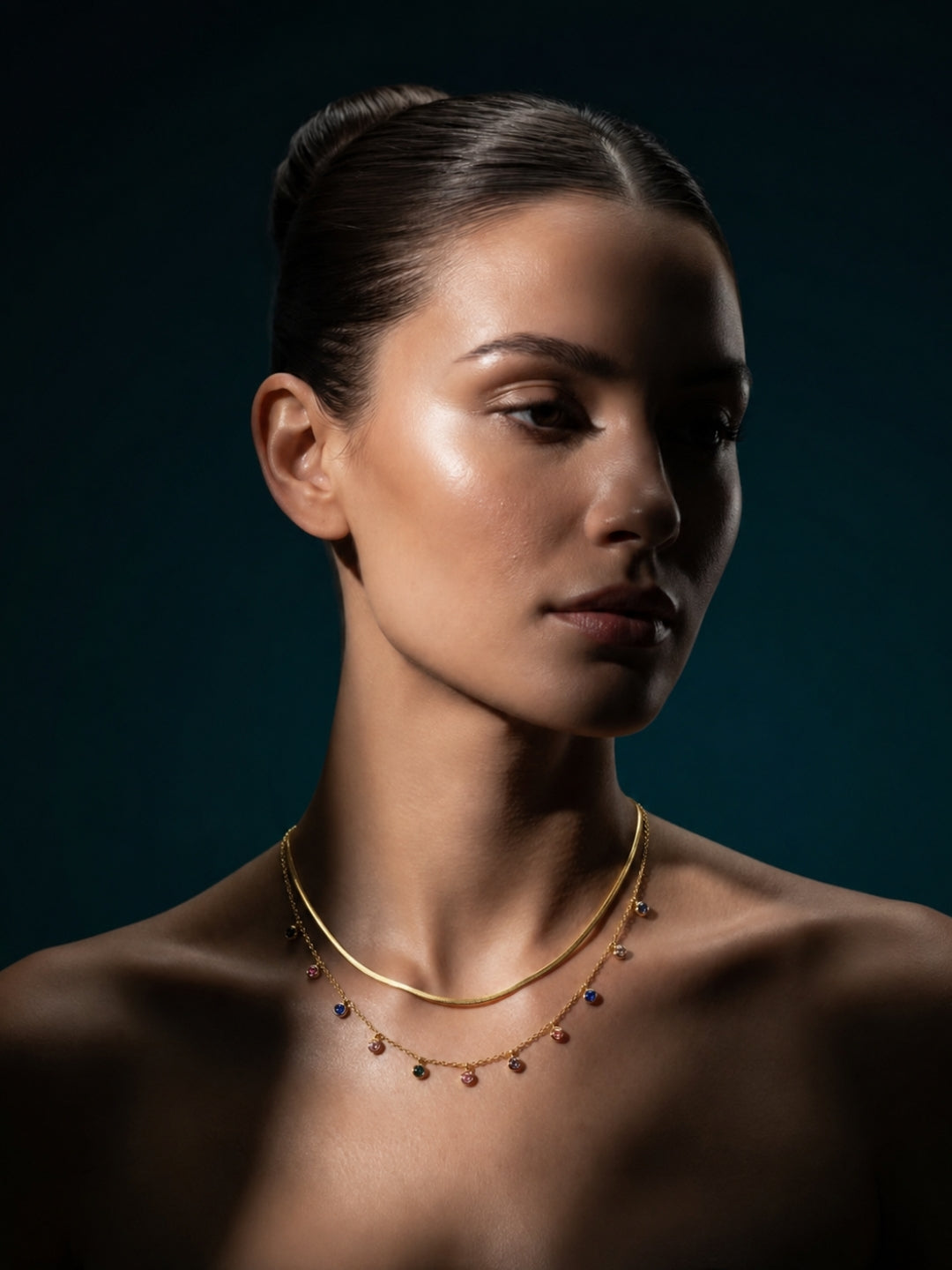 Layered Gold Necklace Combo with Multicolor Stone Drops
