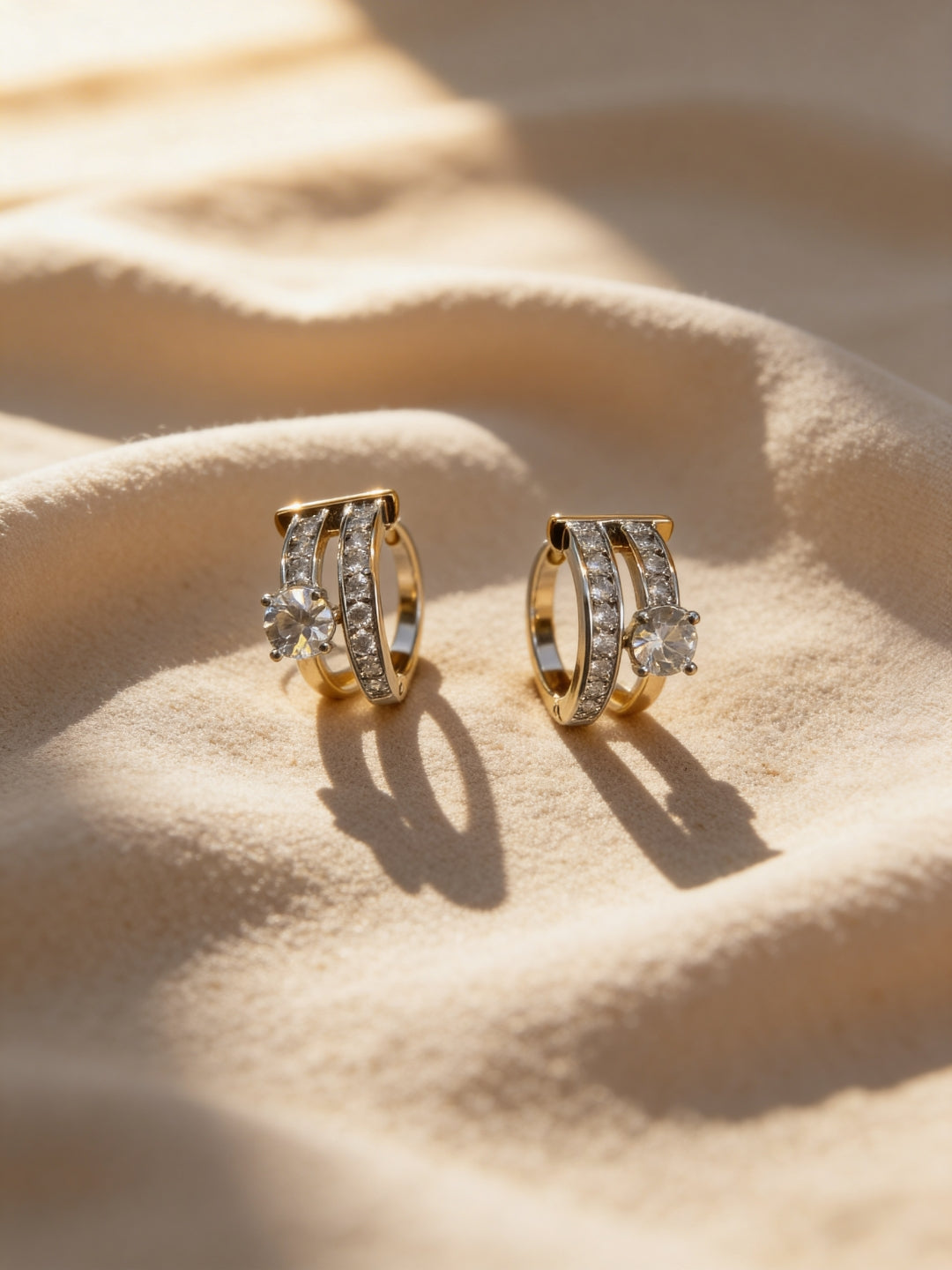 18K Rose Gold Double Line Solitaire CZ Hoop Earrings