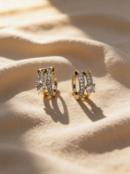 18K Rose Gold Double Line Solitaire CZ Hoop Earrings