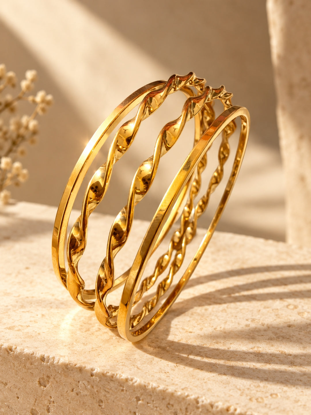 18K Gold Plated Textured Stainless Steel Stackable Bangle Set