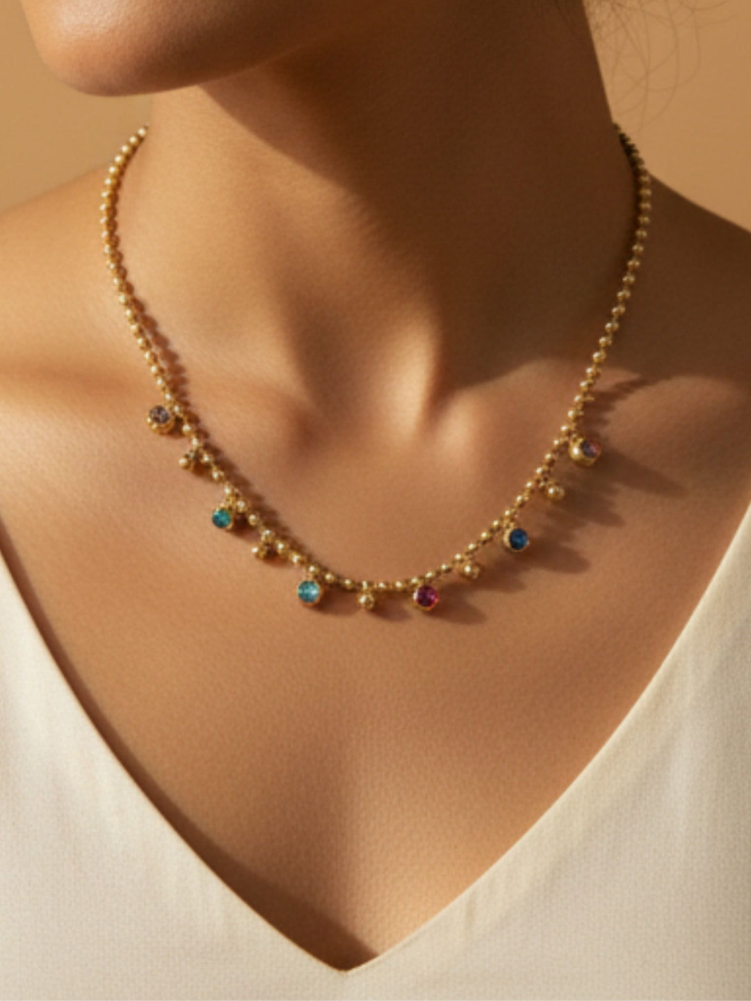 Anti-Tarnish Multicolor Beaded Stone Chain | 18K Gold CZ Jewelry