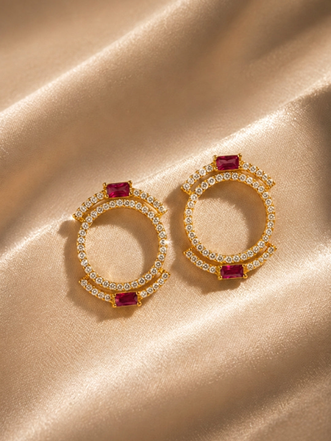 "Aurélie" Double Halo Necklace & Earring Set — 18K Gold Plated with Ruby Baguette Accents