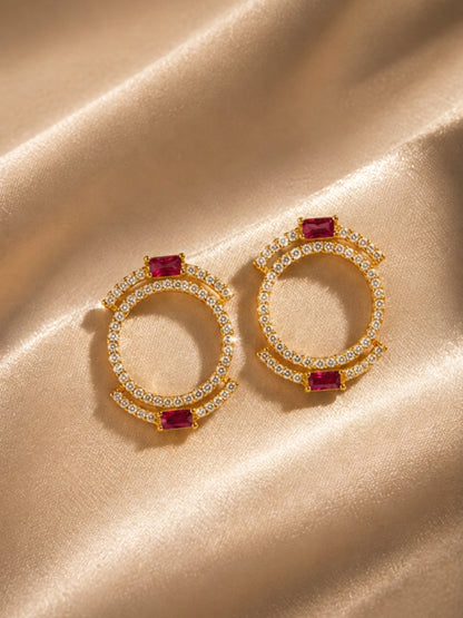 "Aurélie" Double Halo Necklace & Earring Set — 18K Gold Plated with Ruby Baguette Accents