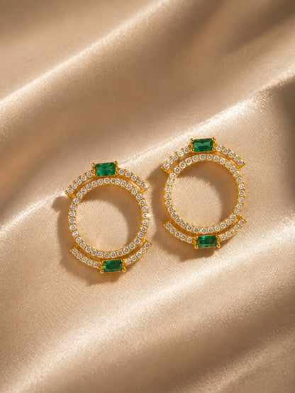 Isabeau" Double Halo Necklace & Earring Set — 18K Gold Plated with Emerald Baguette Accents