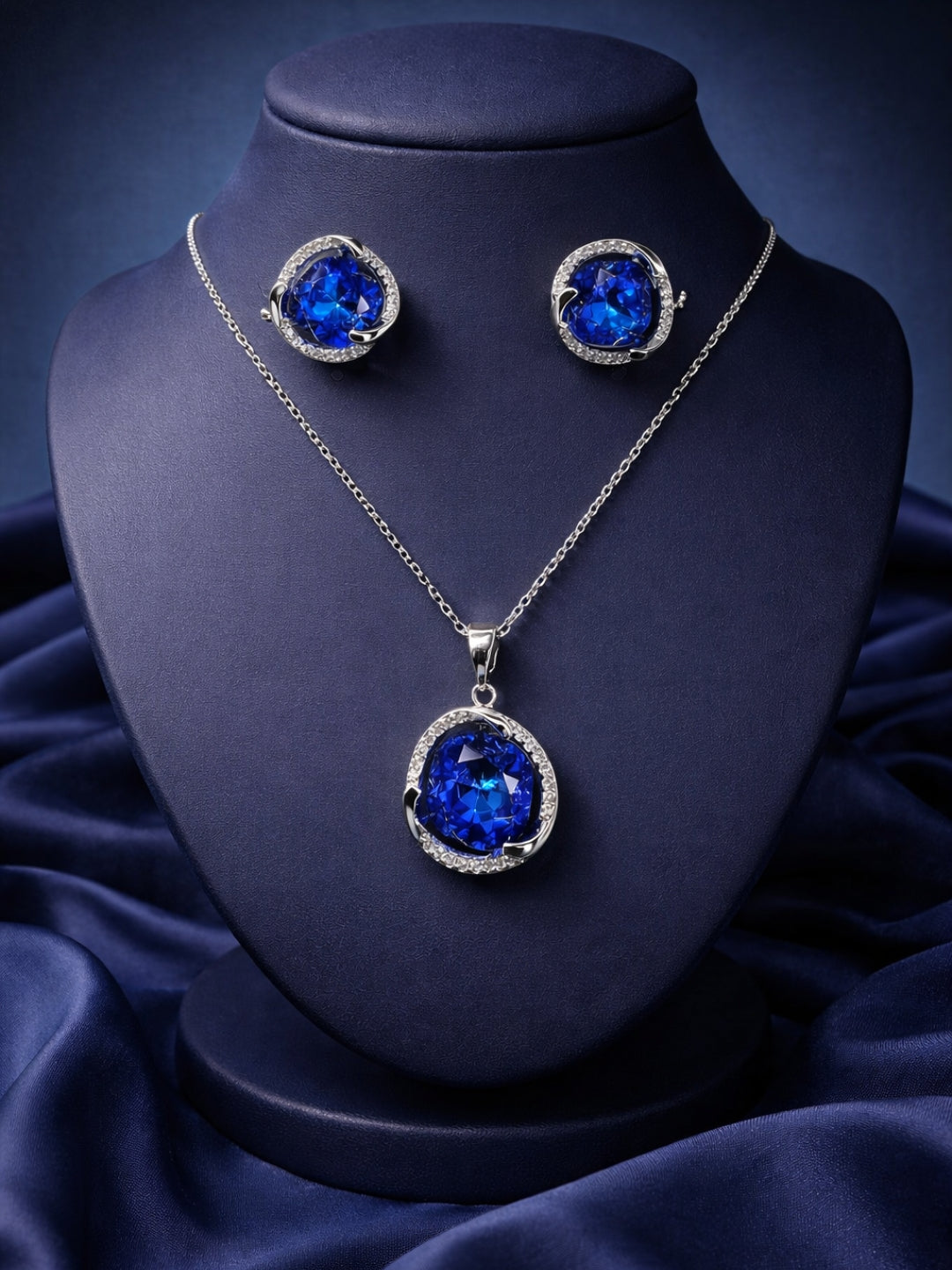 CL Blue CZ Pendant Necklace & Stud Earrings Set | Anti-Tarnish Jewelry