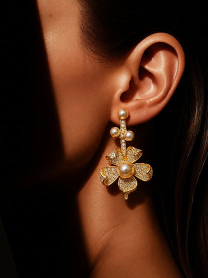 Taupe Pearl Floral Pavé Drop Earrings, 18K Gold-Plated