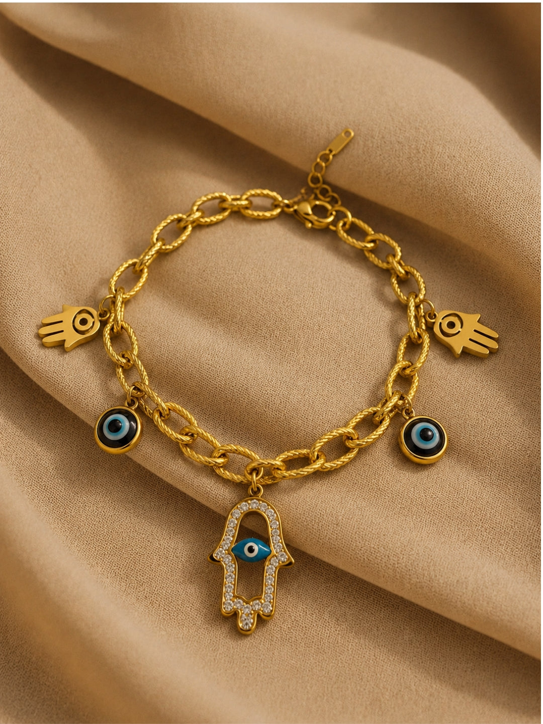 Evil Eye Hamsa Charm Bracelet in 18K Gold | Adjustable Chain