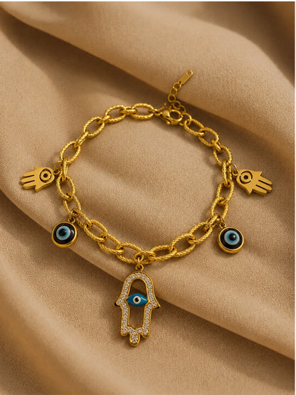 Evil Eye Hamsa Charm Bracelet in 18K Gold | Adjustable Chain