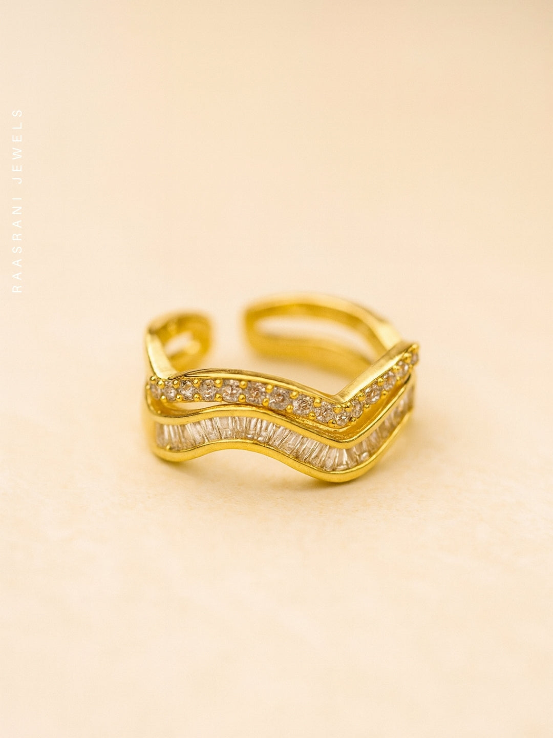 Wavy Double Layer Gold Ring – Adjustable 18K Gold CZ Everyday Jewelry