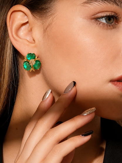 Emerald Trefoil Cluster Stud Earrings, 18K Gold-Plated