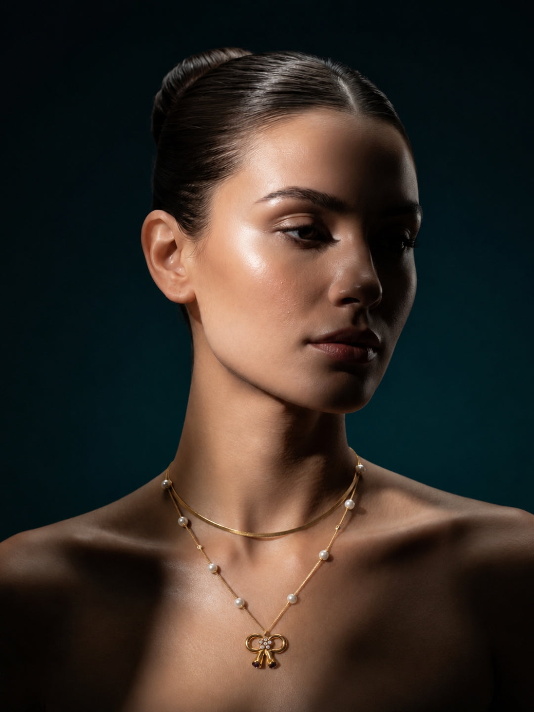 Bow & Pearl Layered Necklace Set