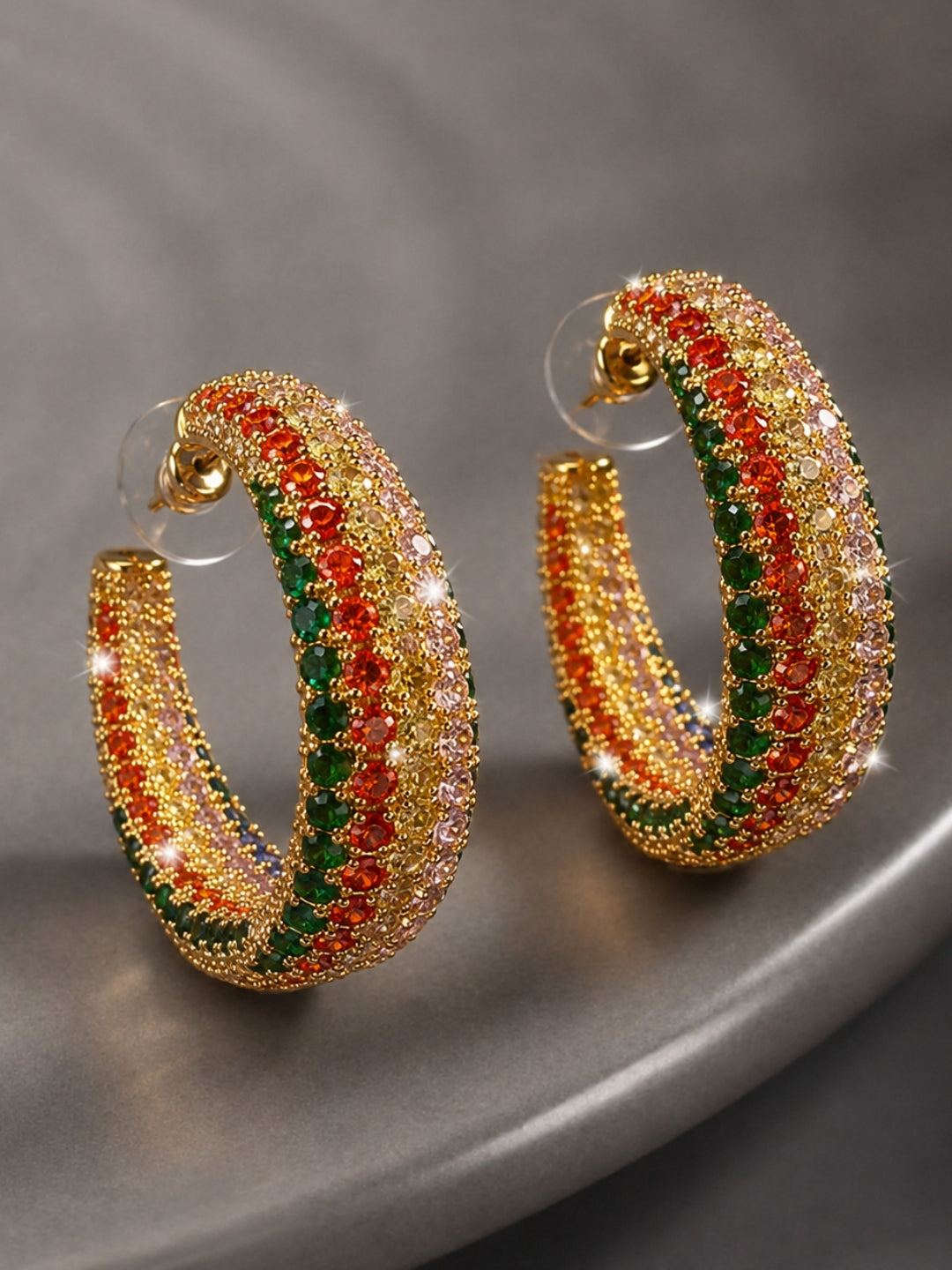 Navratna-Inspired Pavé Open Hoop Earrings, 18K Gold-Plated