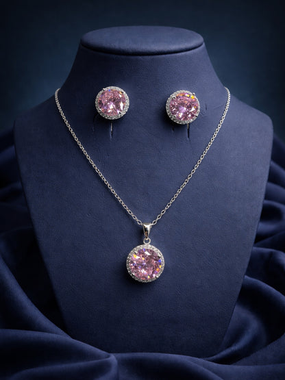 CL Pink Round CZ Necklace & Stud Earrings Set in Rhodium-Plated Steel