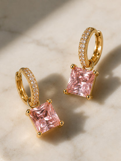 Pink Square-Cut Pendant Necklace & Huggie Earring Set, 18K Gold-Plated