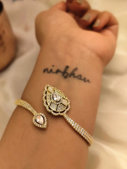 Golden Leaf Cuff Bracelet – 18K Gold Plated, 316L Stainless Steel, AD Stones & MOP Accents