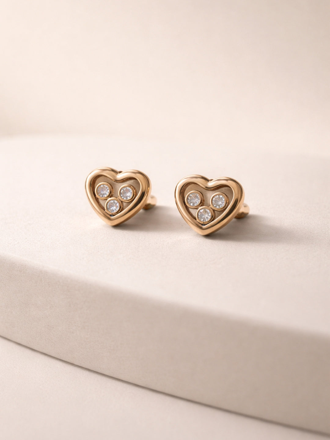18K Gold Heart 3 Stone CZ Stud Earrings – Anti Tarnish