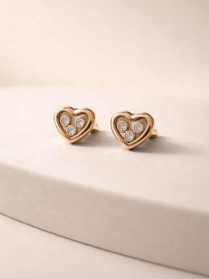 18K Gold Heart 3 Stone CZ Stud Earrings – Anti Tarnish