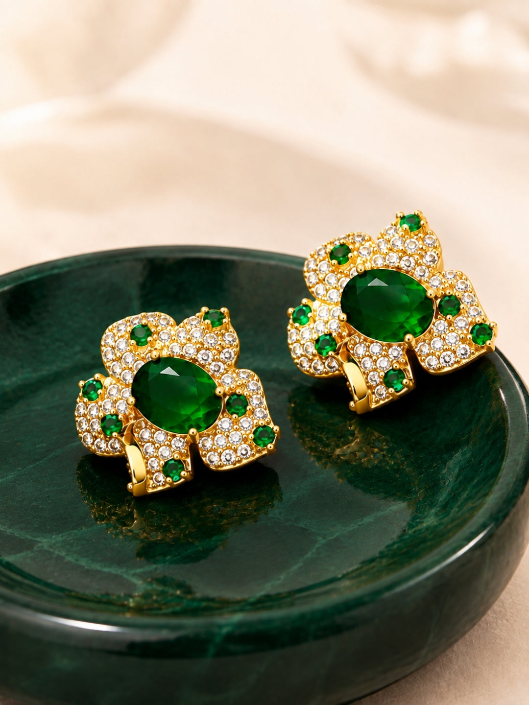 Emerald Clover Necklace & Earrings Set