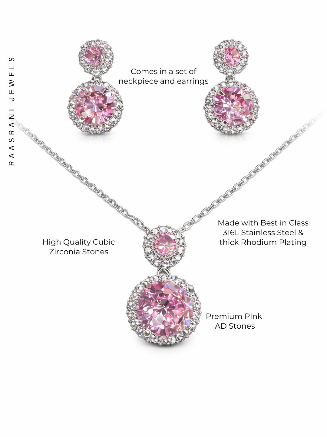 CL Pink Drop Jewelry Set | Rhodium CZ Necklace & Earrings