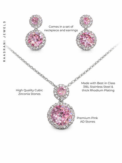CL Pink Drop Jewelry Set | Rhodium CZ Necklace & Earrings