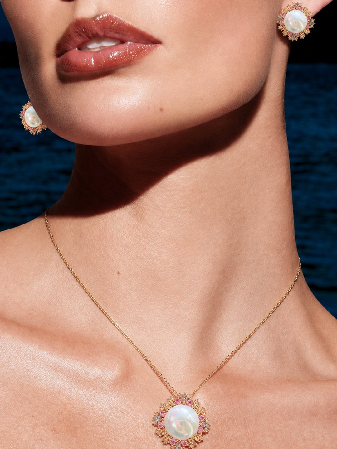 Corolla Pearl Sunburst Necklace & Earring Set, 18K Gold-Plated