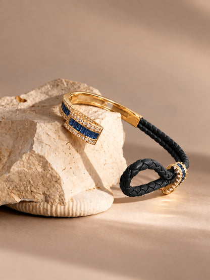Navy Studded leather Band Cuff  - 18KT Gold Plated