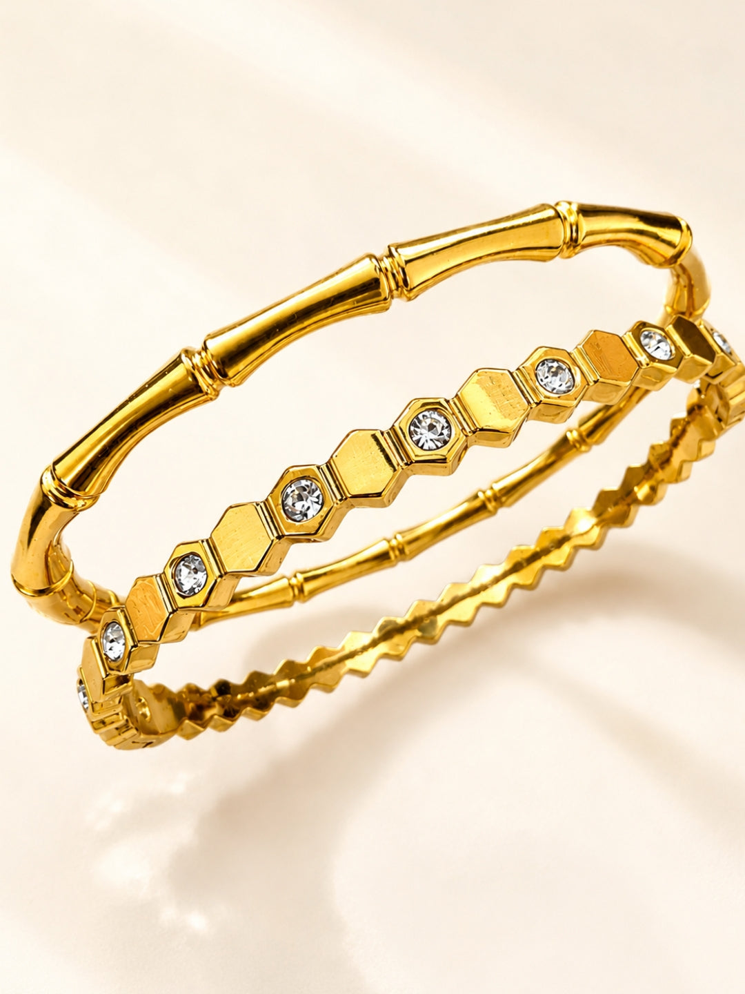 Bamboo Bangle & Hex Crystal Bracelet Duo – 18kt Gold Plated Stainless Steel Combo Set