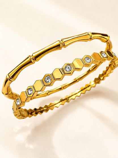 Bamboo Bangle & Hex Crystal Bracelet Duo – 18kt Gold Plated Stainless Steel Combo Set