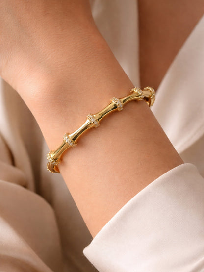 Bamboo Studded Thin Gold Bracelet | 18K Gold Plated CZ Bangle
