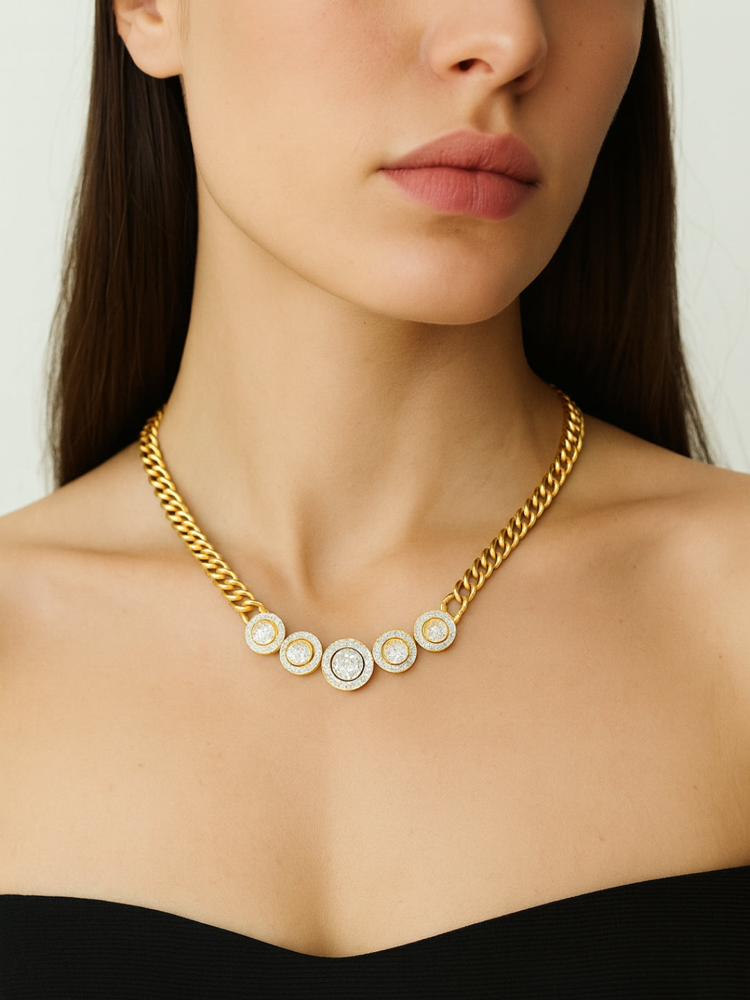 18K Gold Circular CZ Studded Cuban Chain Necklace | Anti-Tarnish