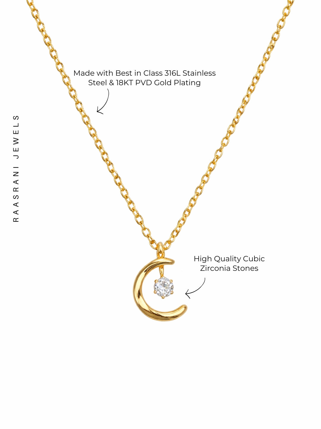 Crescent Moon Solitaire Gold Neckpiece | Anti-Tarnish Everyday Jewelry