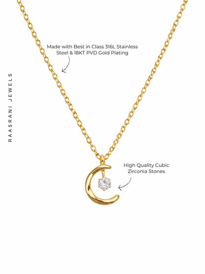 Crescent Moon Solitaire Gold Neckpiece | Anti-Tarnish Everyday Jewelry