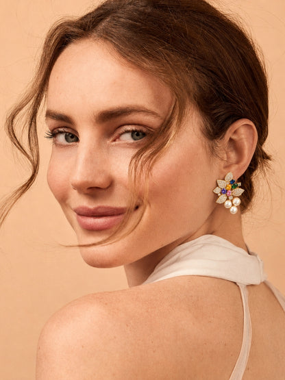Multicolor Floral Pavé Pearl Drop Earrings, 18K Gold-Plated