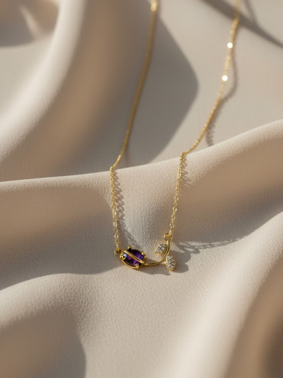 Anti-Tarnish Tulip Purple Stone Chain | 18K Gold CZ Jewelry