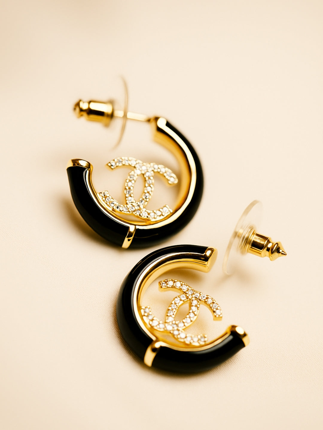 Brand Inspired Black Enamel Half Hoop Earrings – 18K Gold Plated