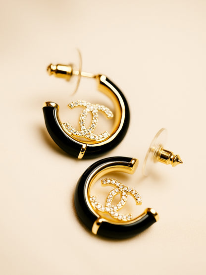 Brand Inspired Black Enamel Half Hoop Earrings – 18K Gold Plated