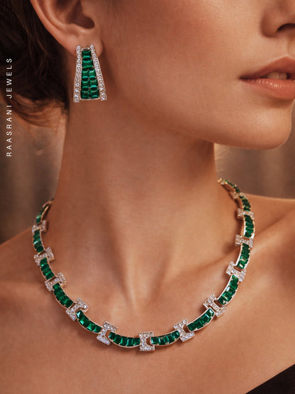 Emerald CZ Rhodium Necklace Set | Luxe Partywear Jewelry