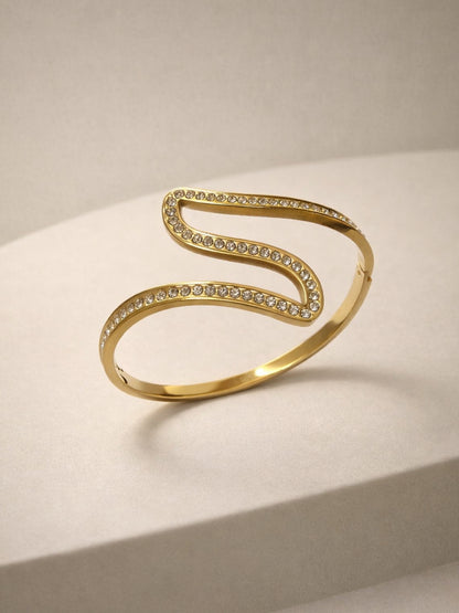 18K Gold Plated CZ Wave Open Bracelet – Anti Tarnish Bangle