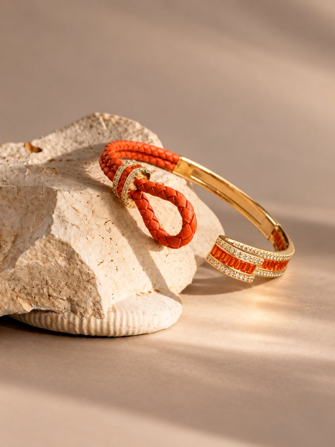 Rust Studded Leather Band Cuff - 18KT Gold Plated